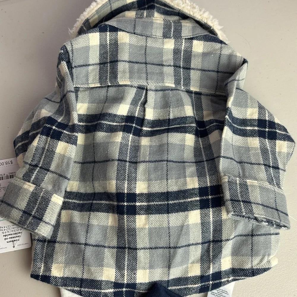 Carter's Plaid Jacket Sherpa Collar, Wolf Mountain Onesie and Navy Pants Set